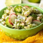 Green bowl of aguachile verde. Bowl is surrounded by yellow corn tortilla chips.