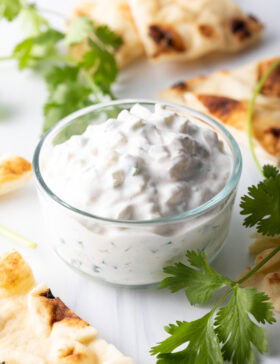 Clear bowl with yogurt sauce.