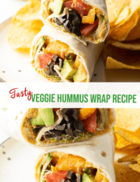 Pinterest image: Top image is a close up shot of the wrap. Bottom image is even closer to show wrap detail. Two images are split horizontally with a white banner with green text: Veggie Hummus Wrap Recipe