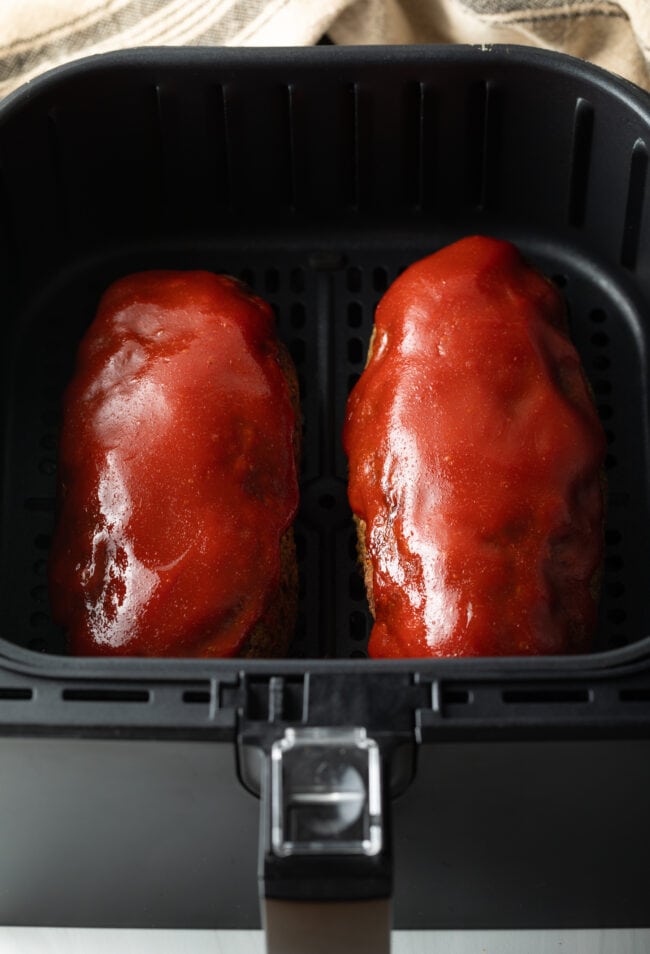 Two air fried meatloaves with ketchup glaze.