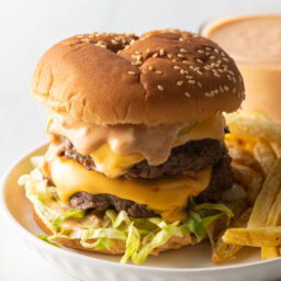 Double patty stacked cheeseburger with homemade Big Mac sauce.