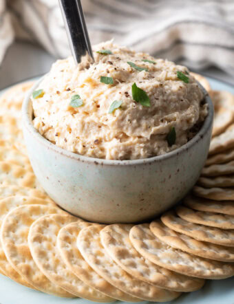 Off-white bowl of smoked fish dip on the center of a round serving plate, with circular crackers all around. A metal spoon is sticking out of the dip.