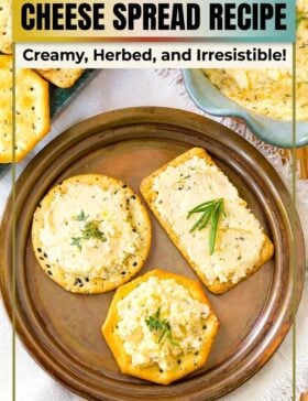Single image poster with two variations featuring a creamy cheese spread in warm golden and deep red tones with teal and olive green accents, styled with crackers and fresh vegetables.