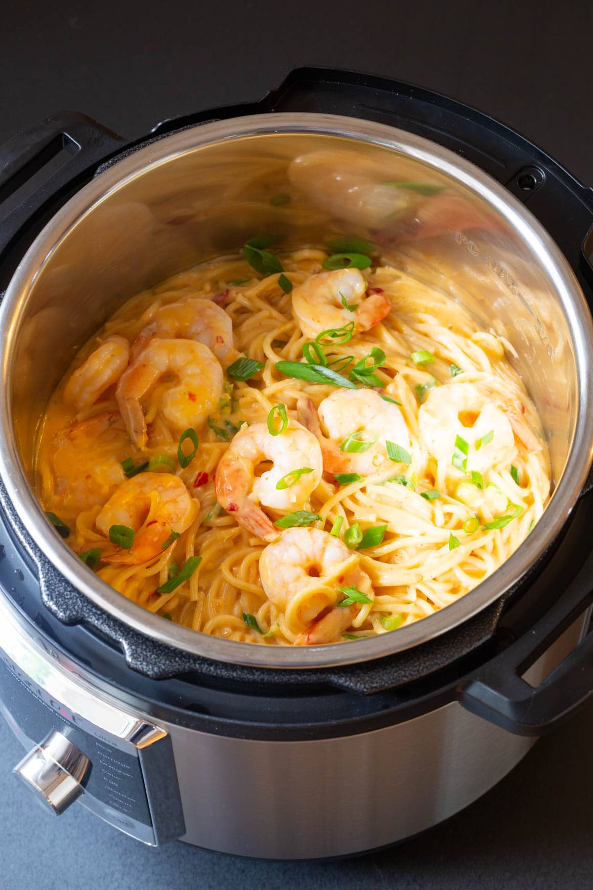 Bang bang shrimp pasta top down view. 