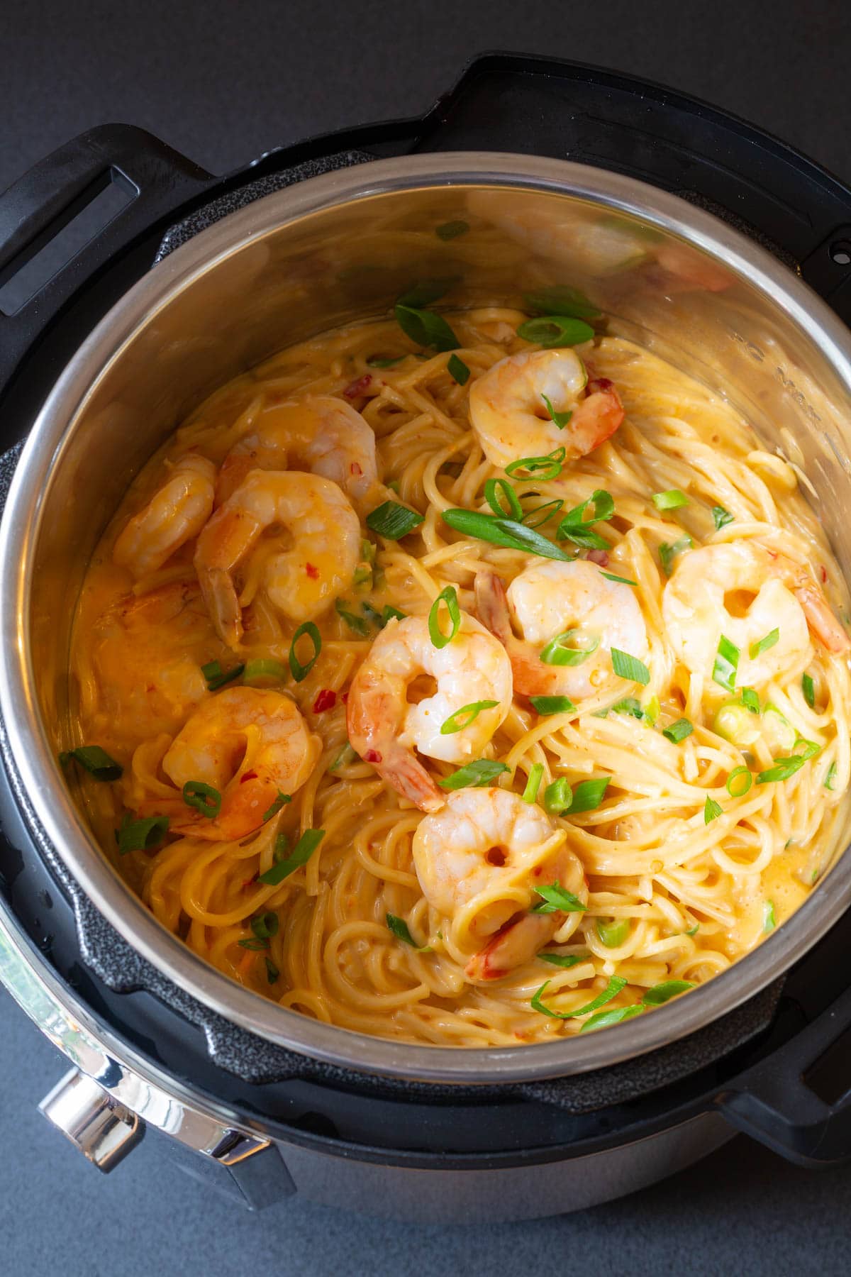 Top down view of bang bang shrimp pasta in the instant pot. 