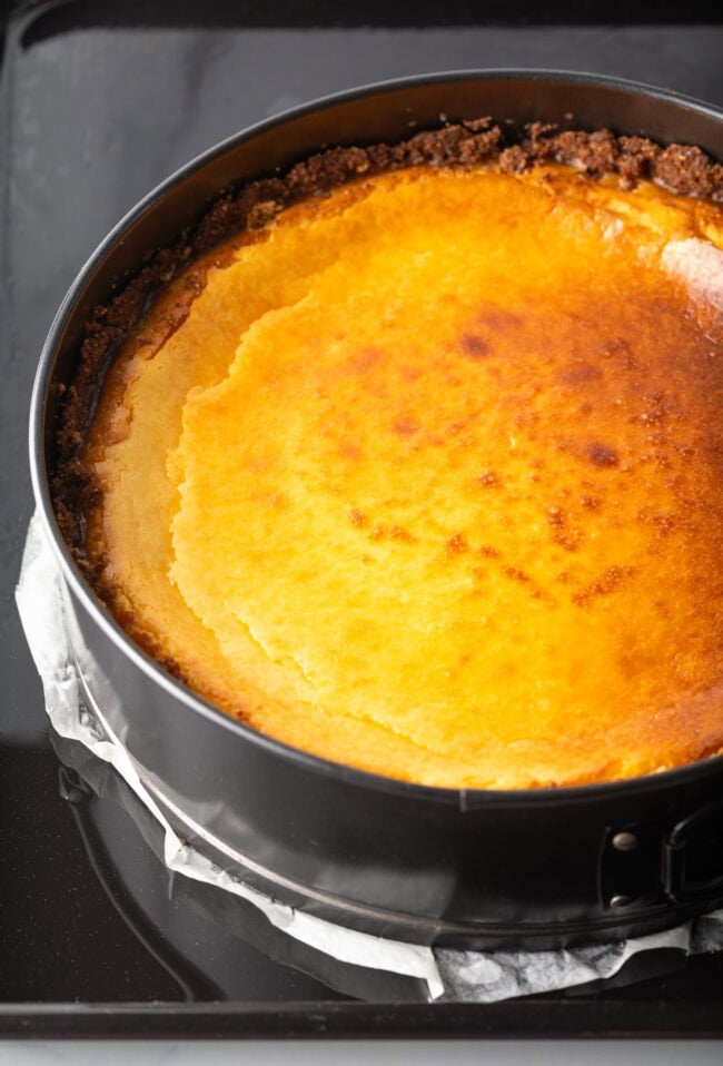 Baked cheesecake in a springform pan.