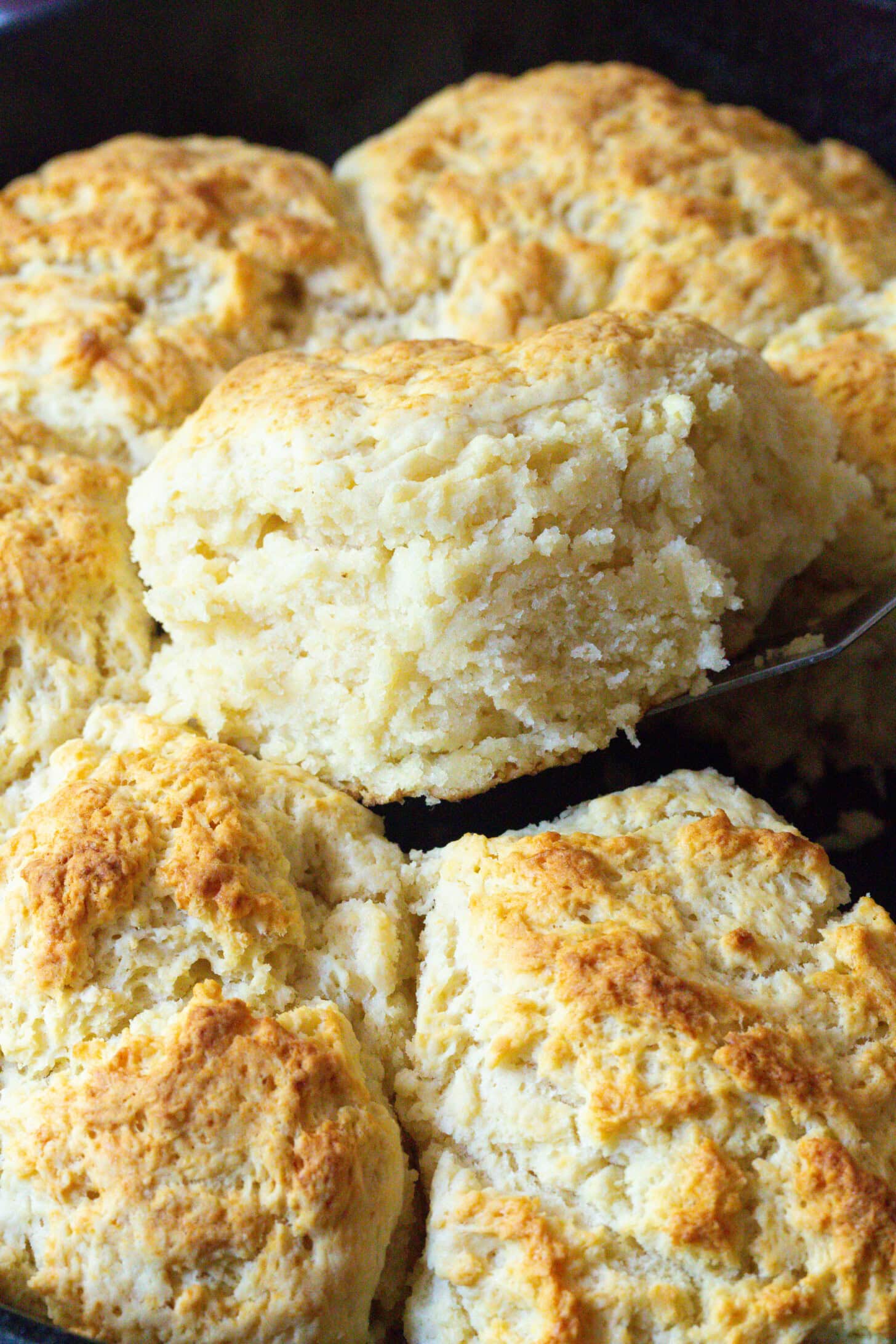 Biscuits made in skillet with a spatula lifting one biscuit out. 