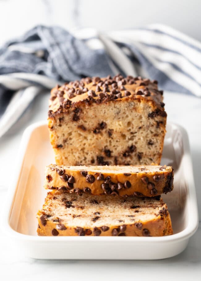 Front shot of ice cream bread loaf in slices.