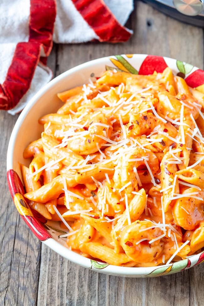 Bowl of shrimp vodka sauce pasta. 