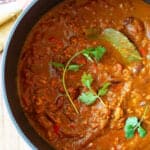 pumpkin chili recipe in large pot, overhead shot
