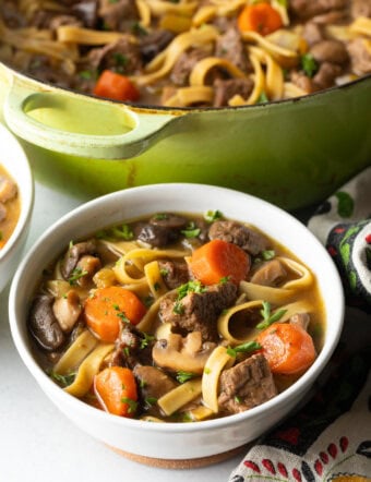 White bowl of noodle soup with meat and veggies.