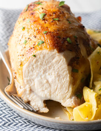 Bourbon brined chicken breast on a white plate with side of buttery noodles. A large bite has been removed from the chicken to show the moist interior.