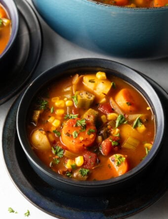 Black bowl with veggie stew.