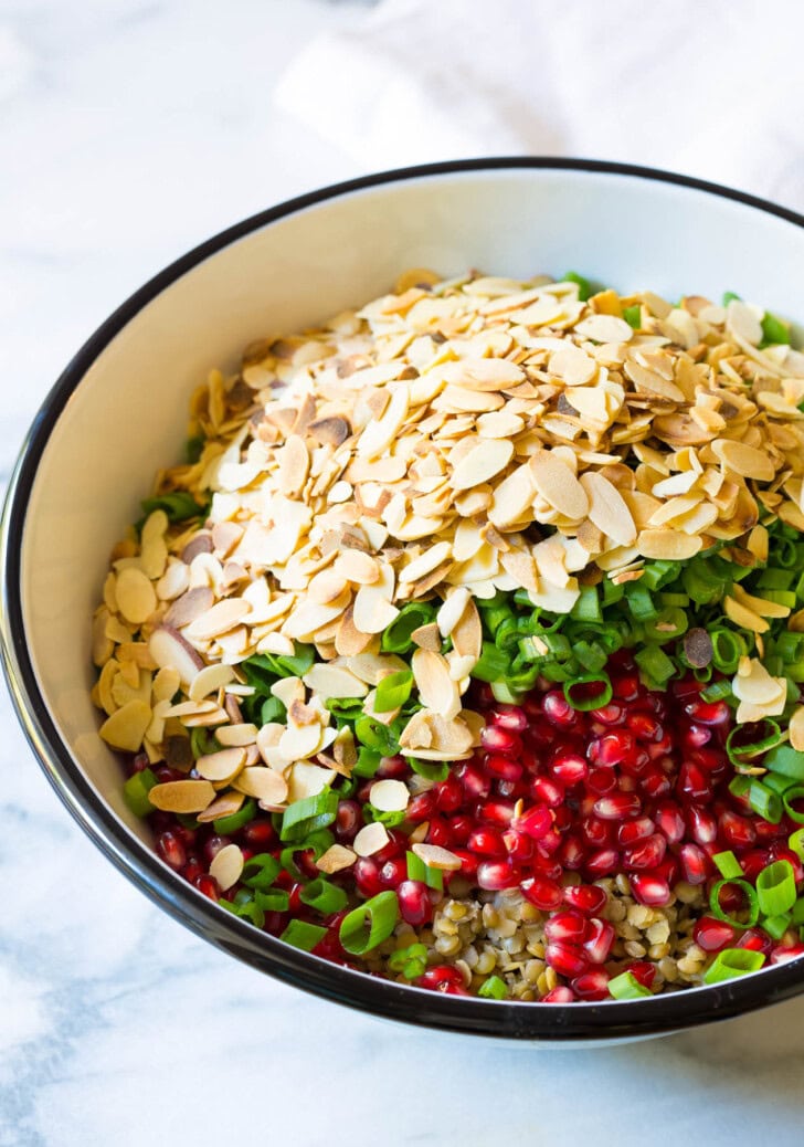 All ingredients for lentil salad in a bowl. 
