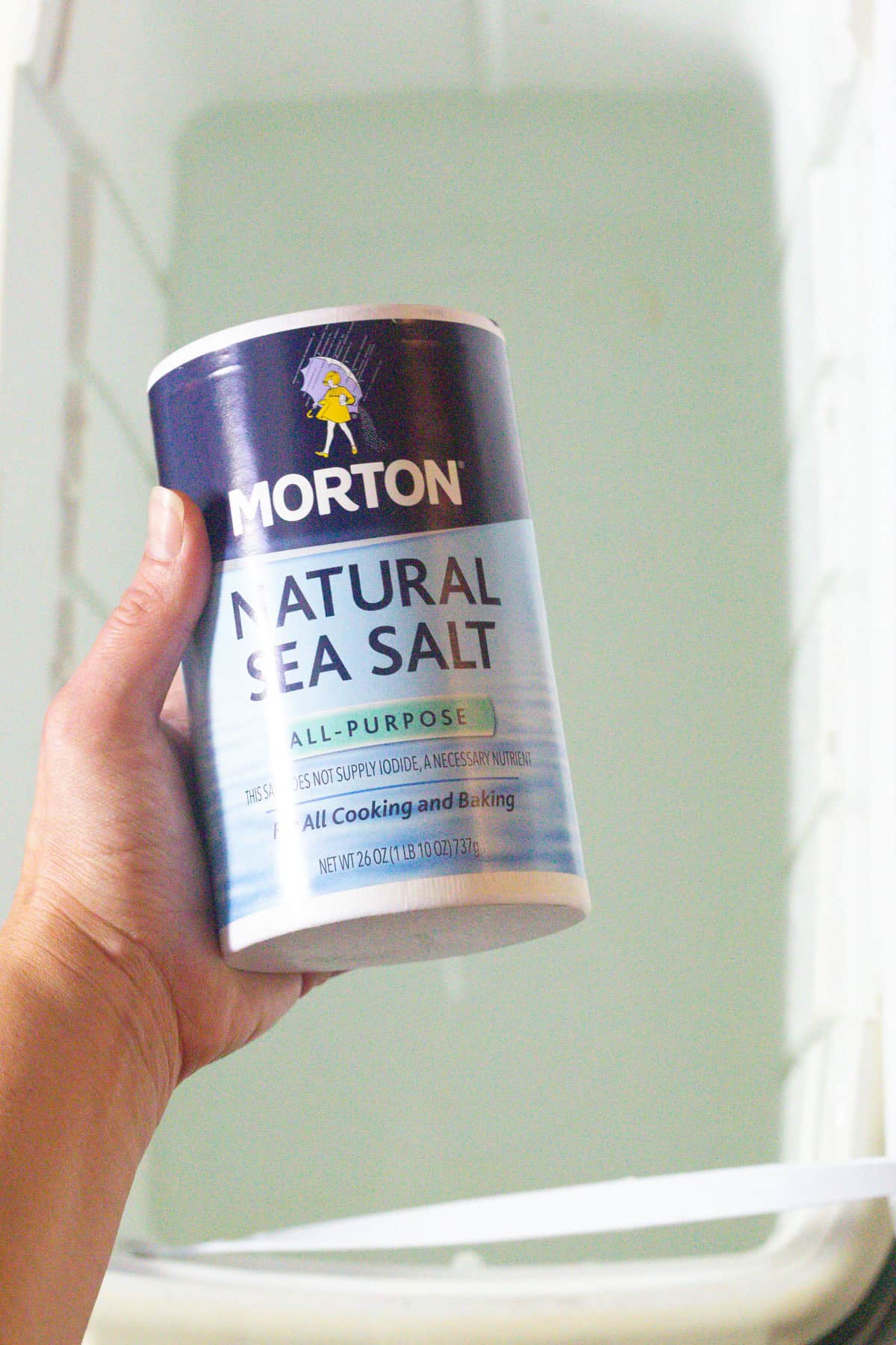Hand holding a container of natural sea salt for Turkey Brine Recipe.
