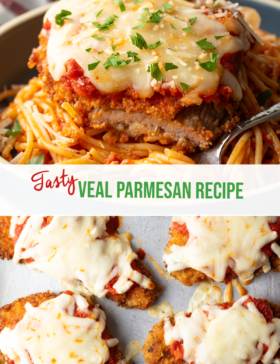 Pinterest graphic: Top image is a cutlet of veal parmesan on top of spaghetti. A bite has been removed from the veal to show the juicy inside. Bottom image is a top down view of 6 pieces of breaded baked veal on a baking sheet, topped with melted mozzarella cheese. The two images are split horizontally by a white banner that reads the recipe title in green: Veal Paremesan Recipe.
