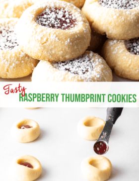 Pinterest graphic: Top image is a close view of several thumbprint cookies stacked two-high, all dusted with powdered sugar. The bottom image shows a small measuring spoon adding a bit of raspberry jam into the unbaked cookie dough. The two images are split horizontally by a white banner that reads the recipe title in green: Raspberry Thumbprint Cookies.