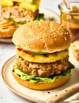 Ahi Tuna Burgers with Grilled Pineapple Recipe on plate