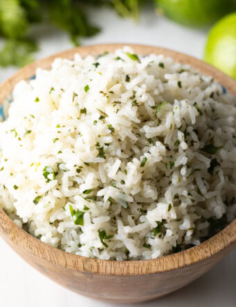 Bowl of chipotle rice with cilantro.