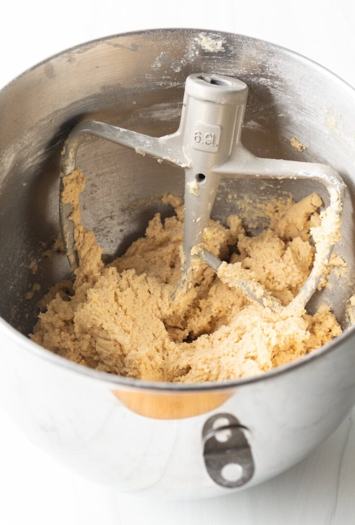 Making cookie dough in a standing mixer.
