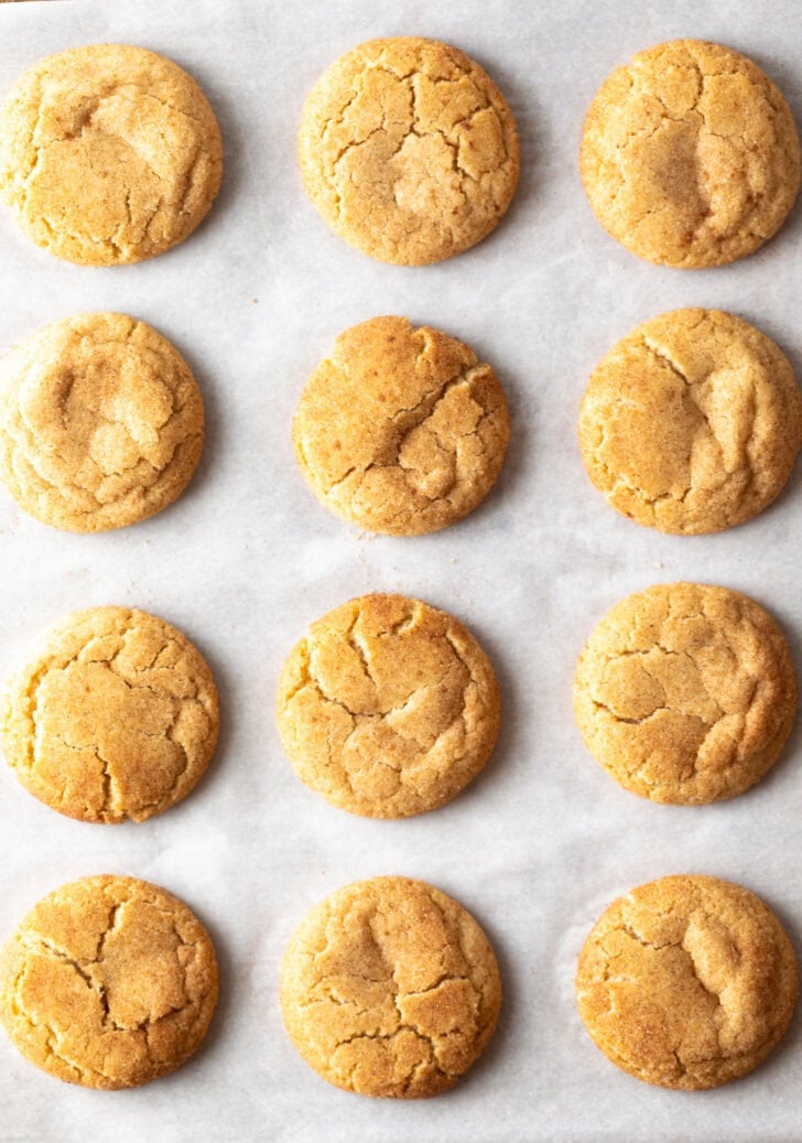Top down view a dozen baked cinnamon cookies on parchment paper.
