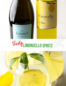 Pinterest graphic: Top image is a bottle of prosecco and bottole of limoncello. Bottom image is a wine glass with spritz, fresh slices of lemon, and 3 fresh mint leaves. The two images are split horizontally by a white banner that reads the recipe name in green: Limoncello Spritz.