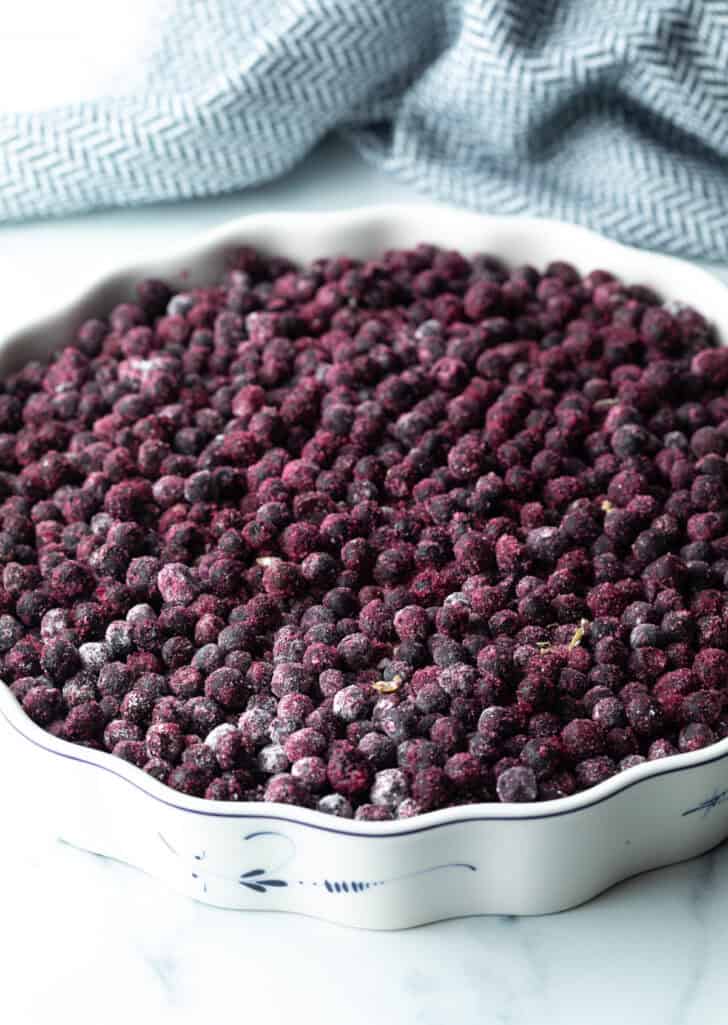 Baking dish filled with blueberries.