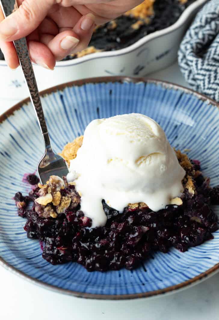 Serving of blueberry crumble on a plate, with scoop of ice cream on top and fork taking a bite.