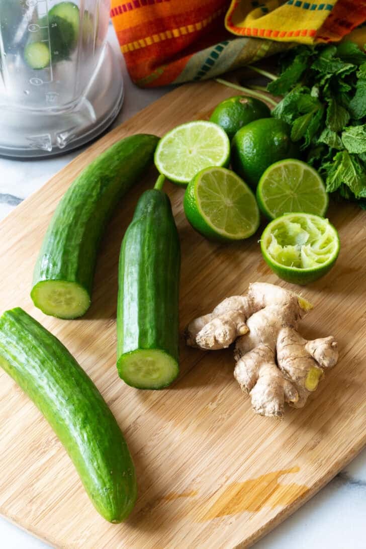 Ingredients for agua fresca - cucumbers, ginger, limes, and mint