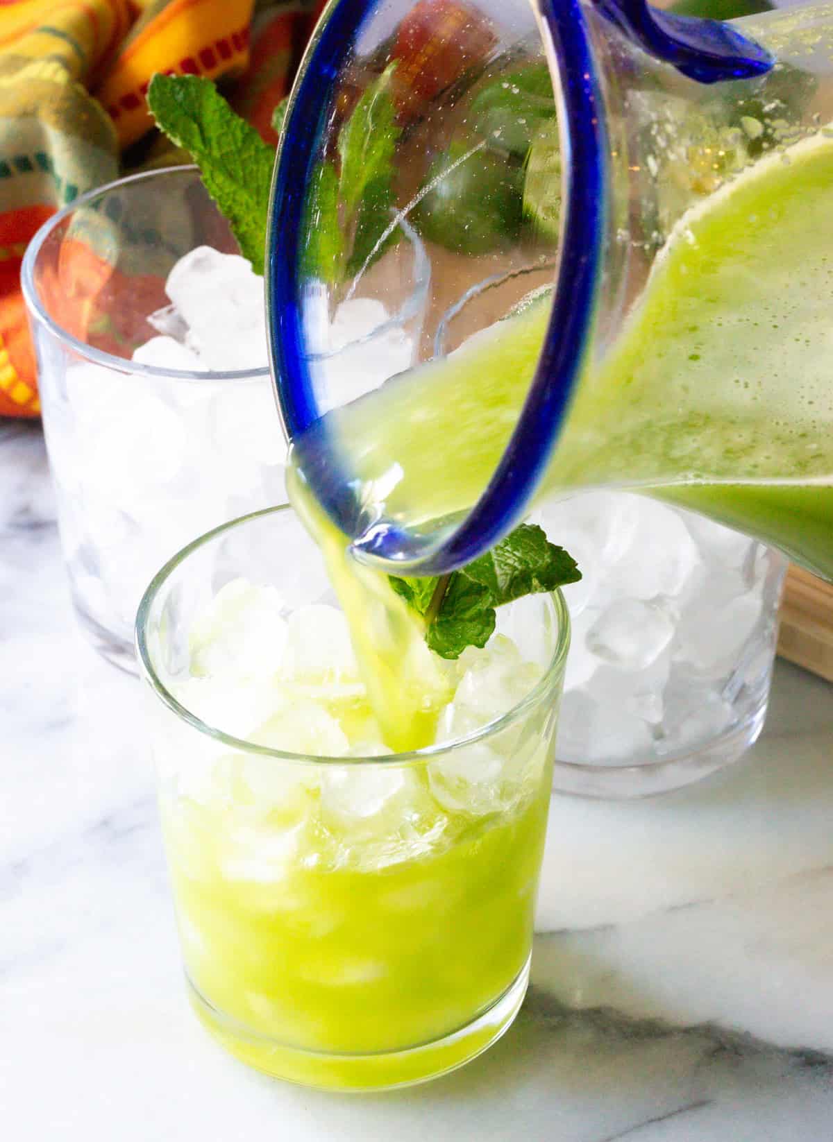 Cucumber Ginger Mint Agua Fresca poured over ice