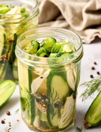 Homemade Refrigerator Pickles Recipe - the best recipe for dill pickles - front view of jar