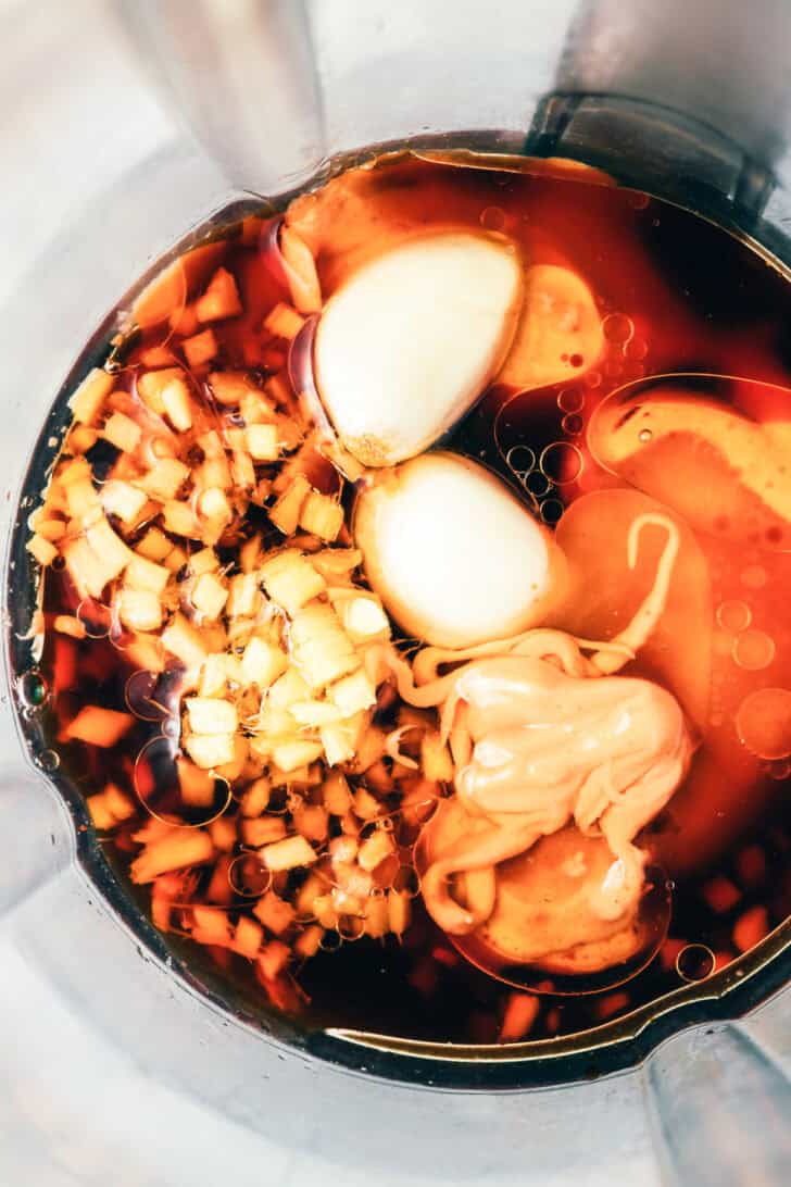 Peanut sauce ingredients in a blender.