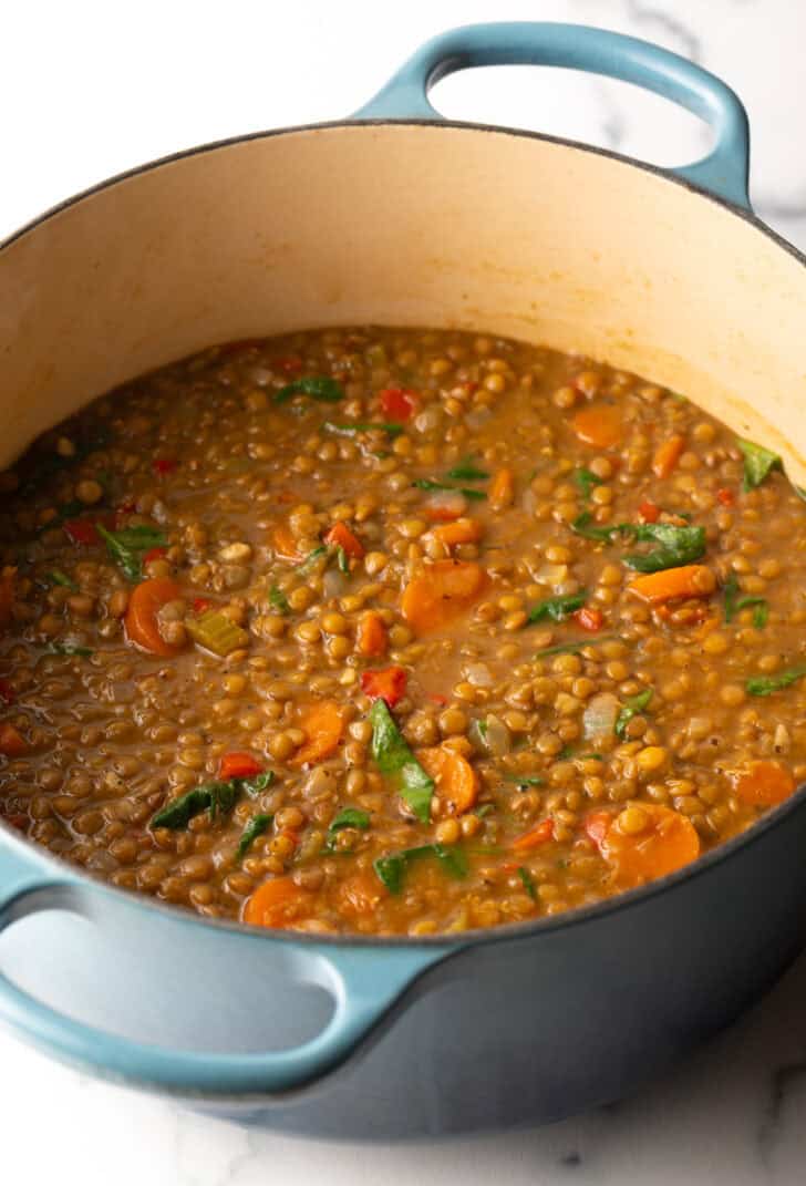 Large pot of soup with lentils and veggies.