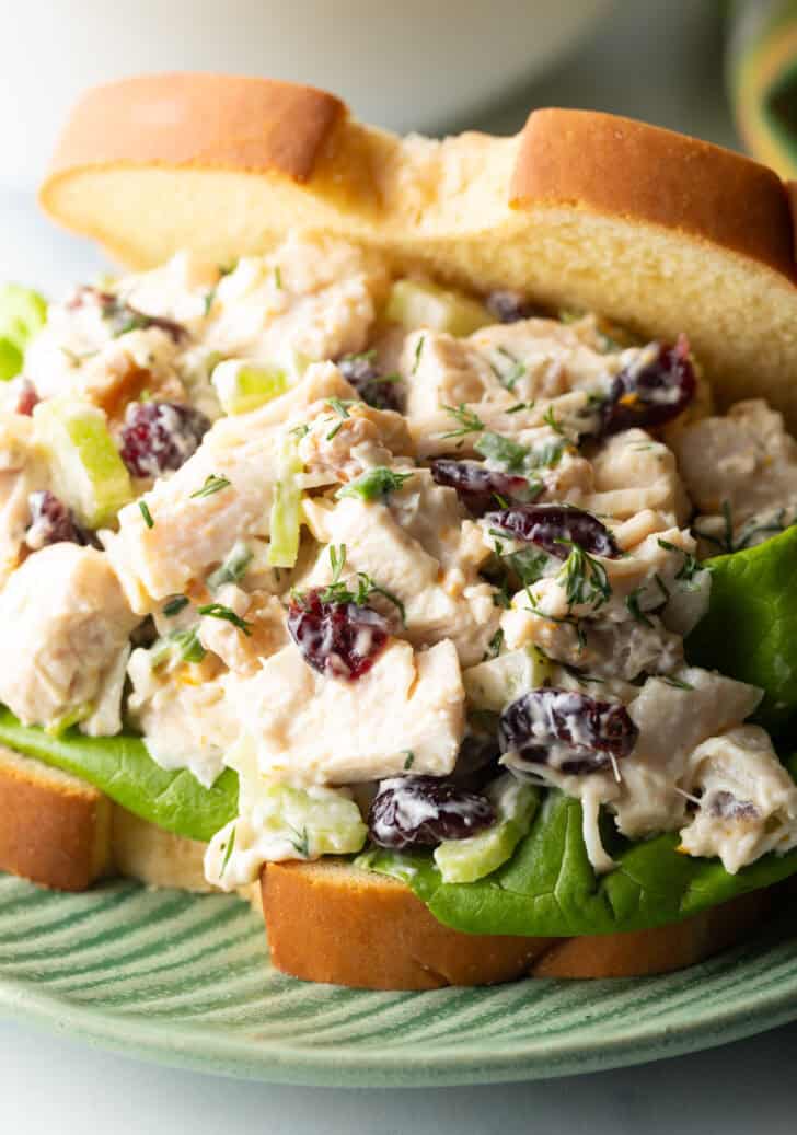 Cranberry chicken salad sandwich with top mostly open to show the salad and fresh greens inside.