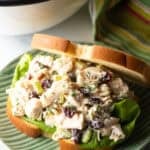 Cranberry chicken salad sandwich with top mostly open to show the salad and fresh greens inside.