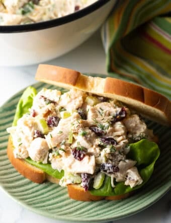 Cranberry chicken salad sandwich with top mostly open to show the salad and fresh greens inside.