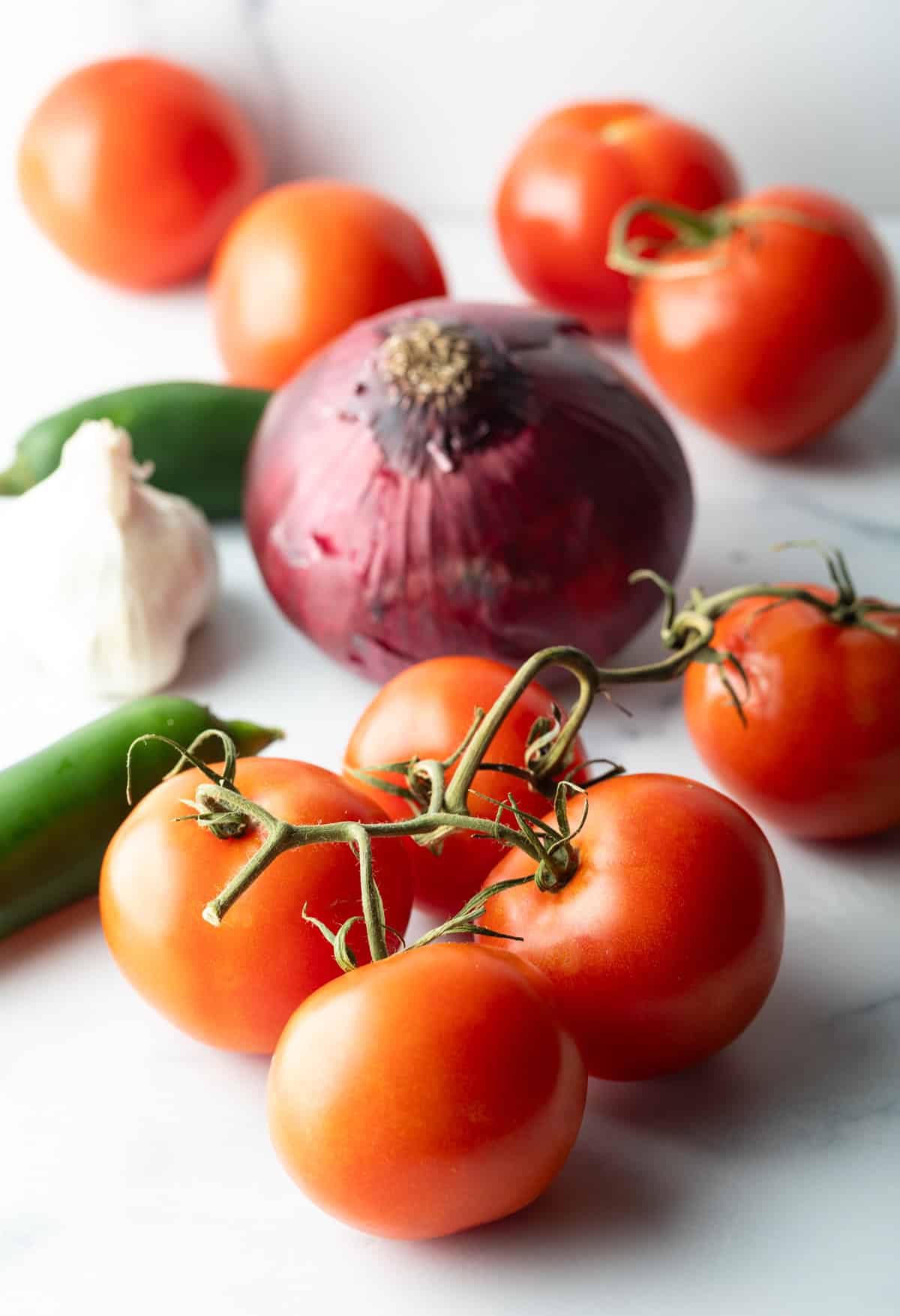 Recipe ingredients on a white background: Four on the vine tomatoes, whole red onion, whole head of garlic, and two whole jalapenos.
