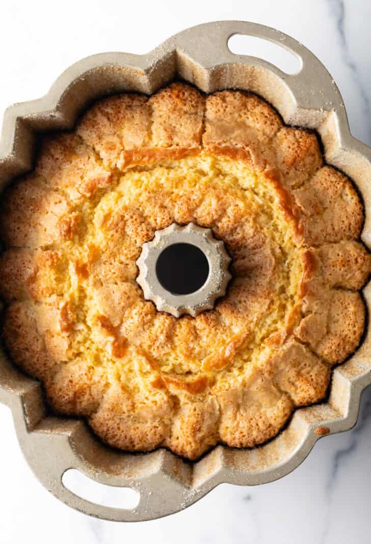 Top down cake baking in a bundt pan.
