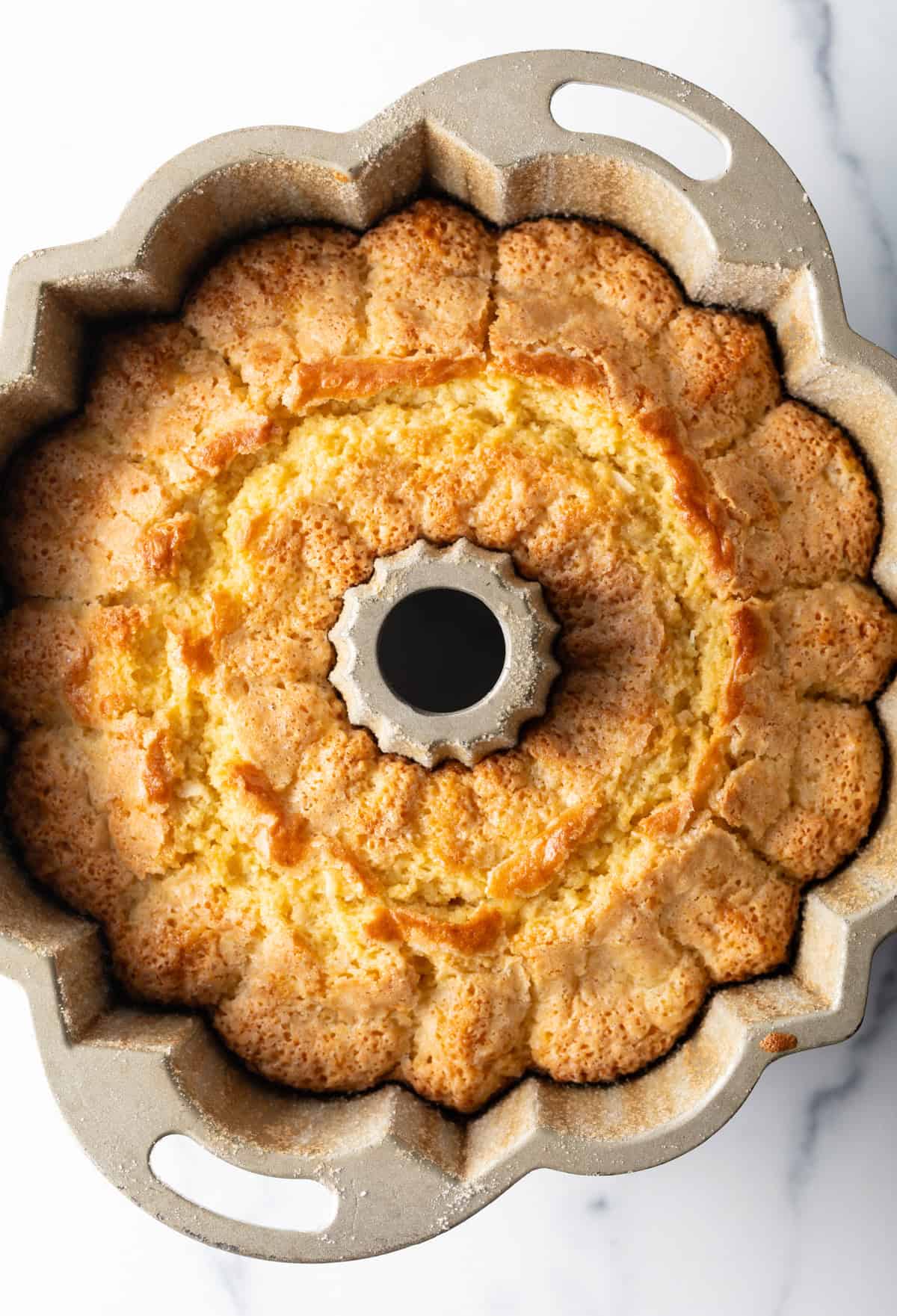 Top down cake baking in a bundt pan.