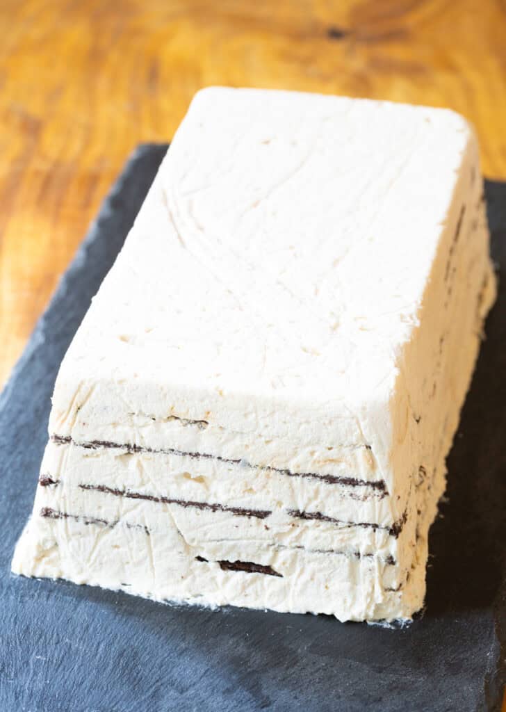 Layered whip cream icebox cake rectangle.