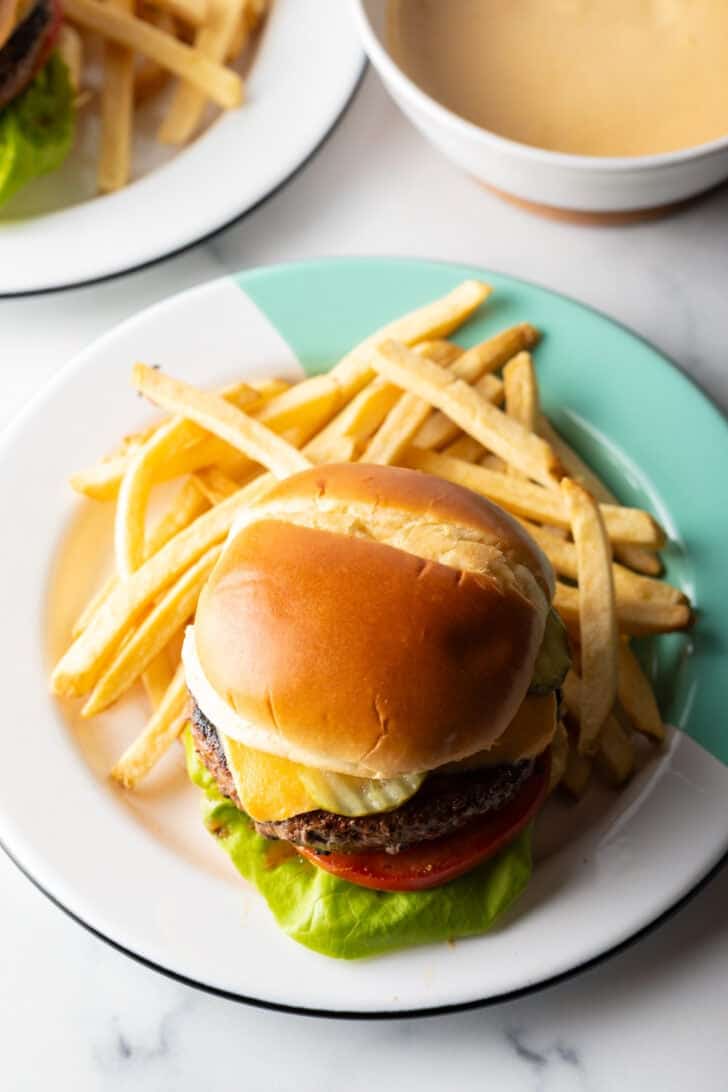 Burger on a plate surrounded by french fries.