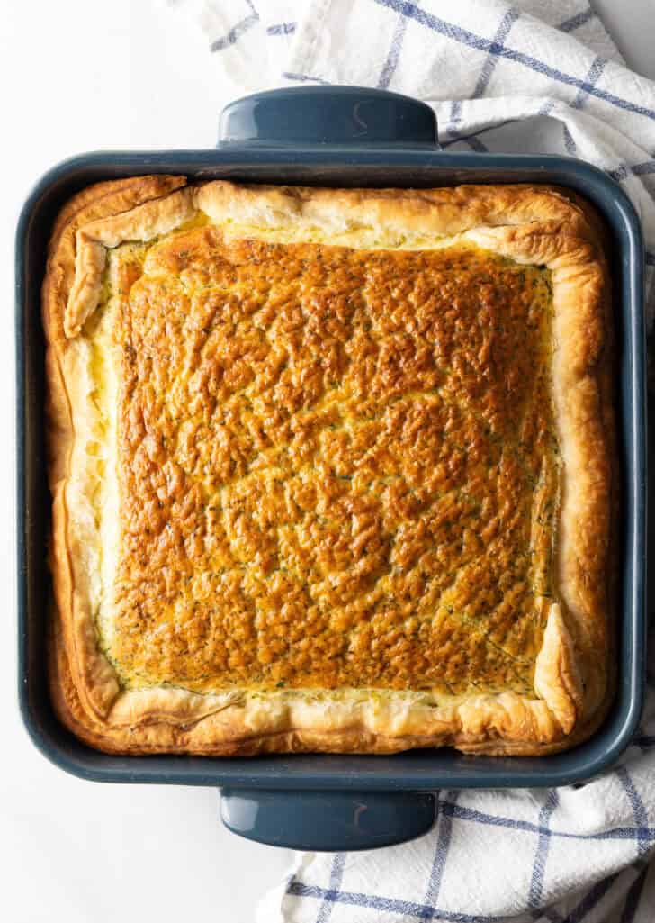 Top down view square baking dish easy egg bake breakfast casserole.