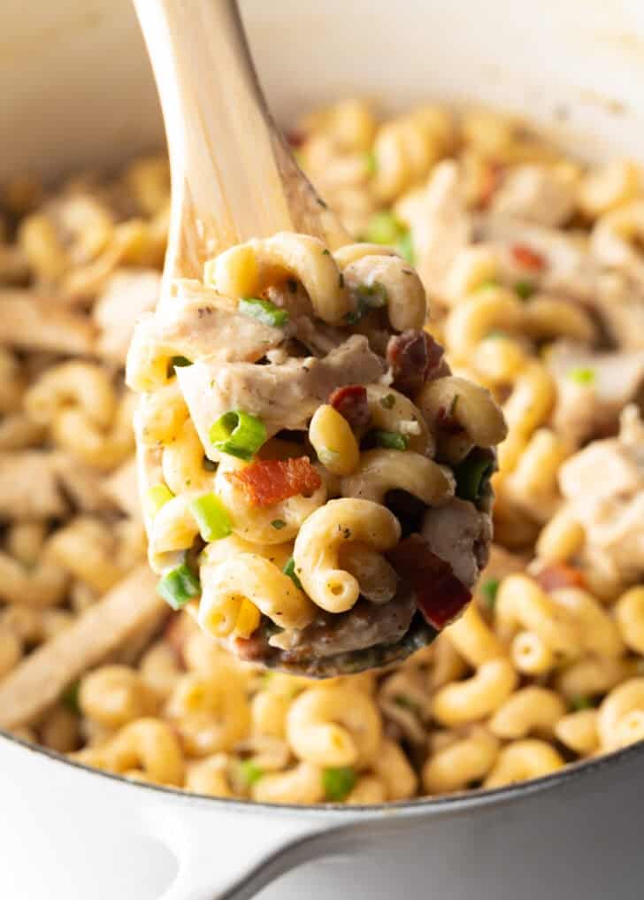 Spoonful of chicken bacon ranch pasta held to camera.