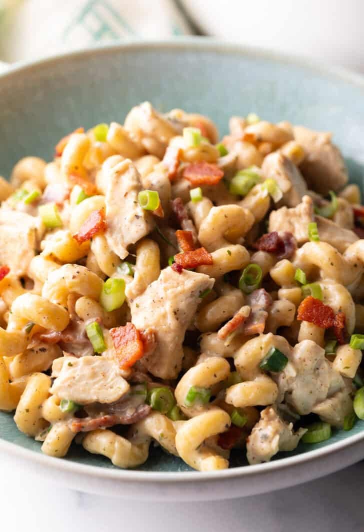 Chicken Bacon Ranch Pasta recipe close up in bowl with corkscrew pasta