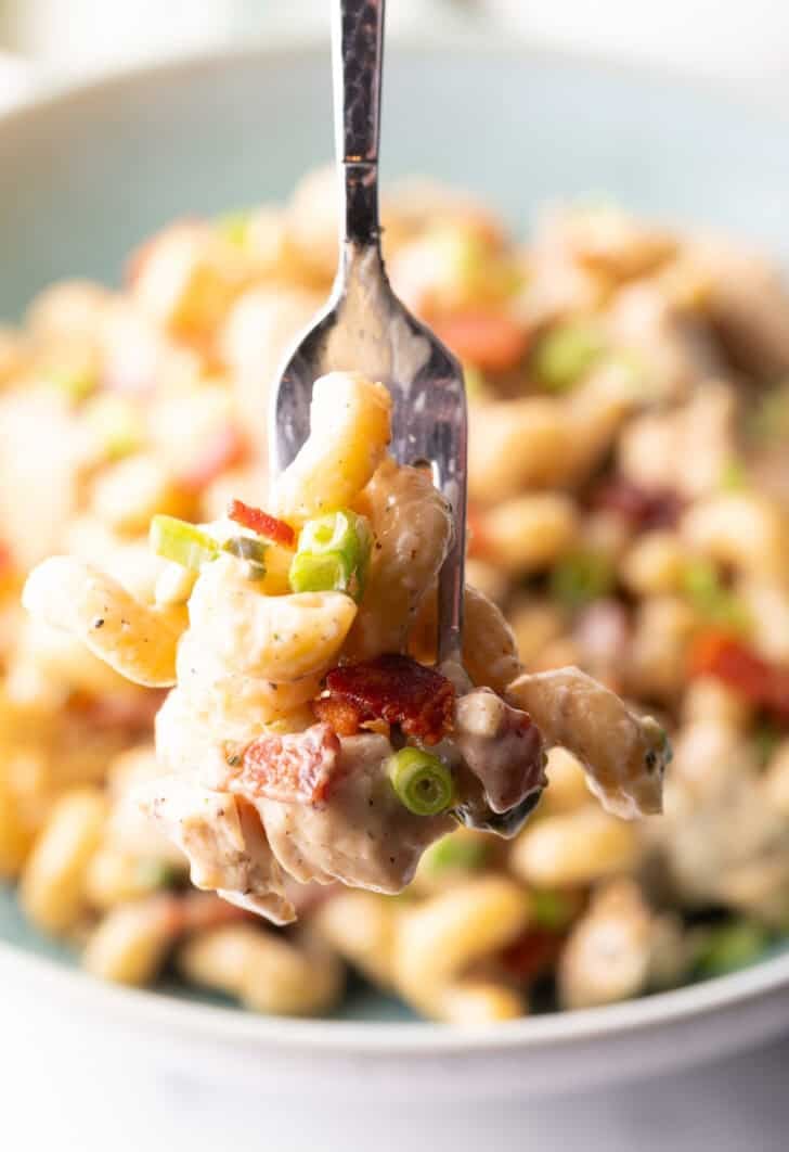 Forkful of bacon ranch chicken pasta held to camera.