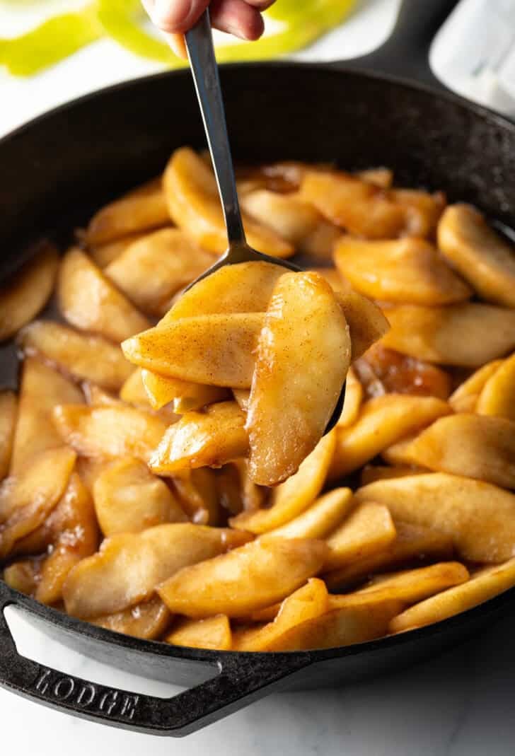 Spoon holding a serving of spiced apple slices to camera.