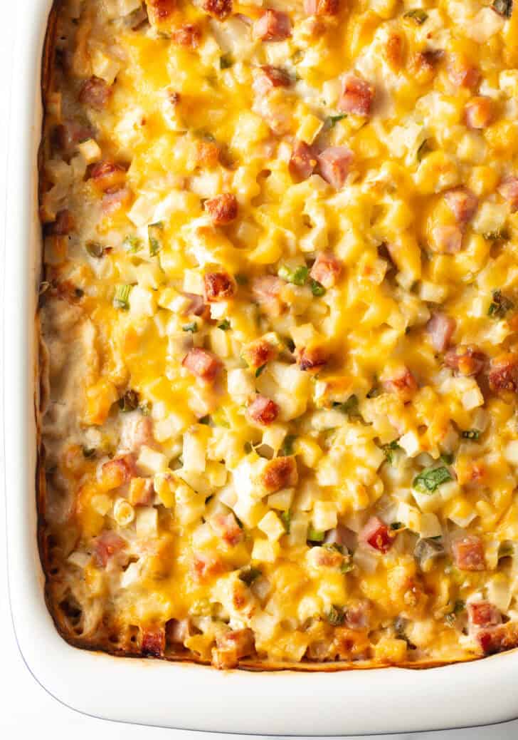 Top down view of cheesy ham and potato casserole.