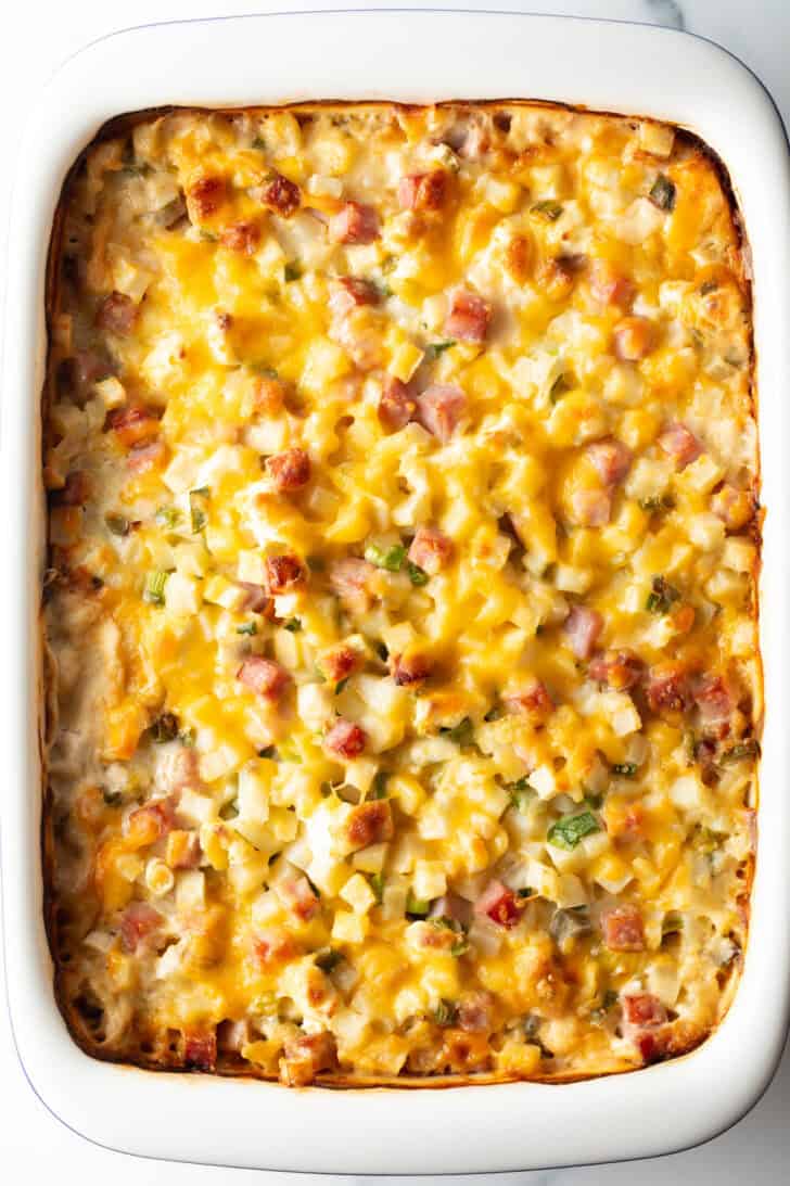 Top down view of ham and potato casserole.