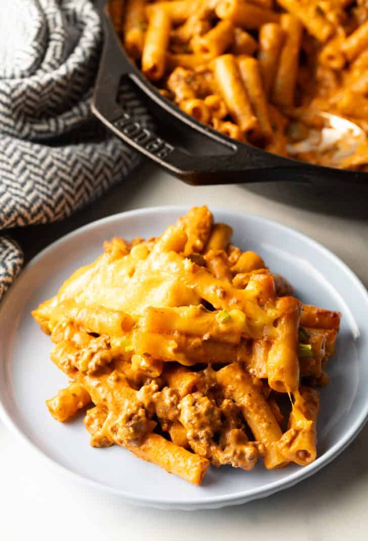 Gray plate with serving of cheeseburger casserole.