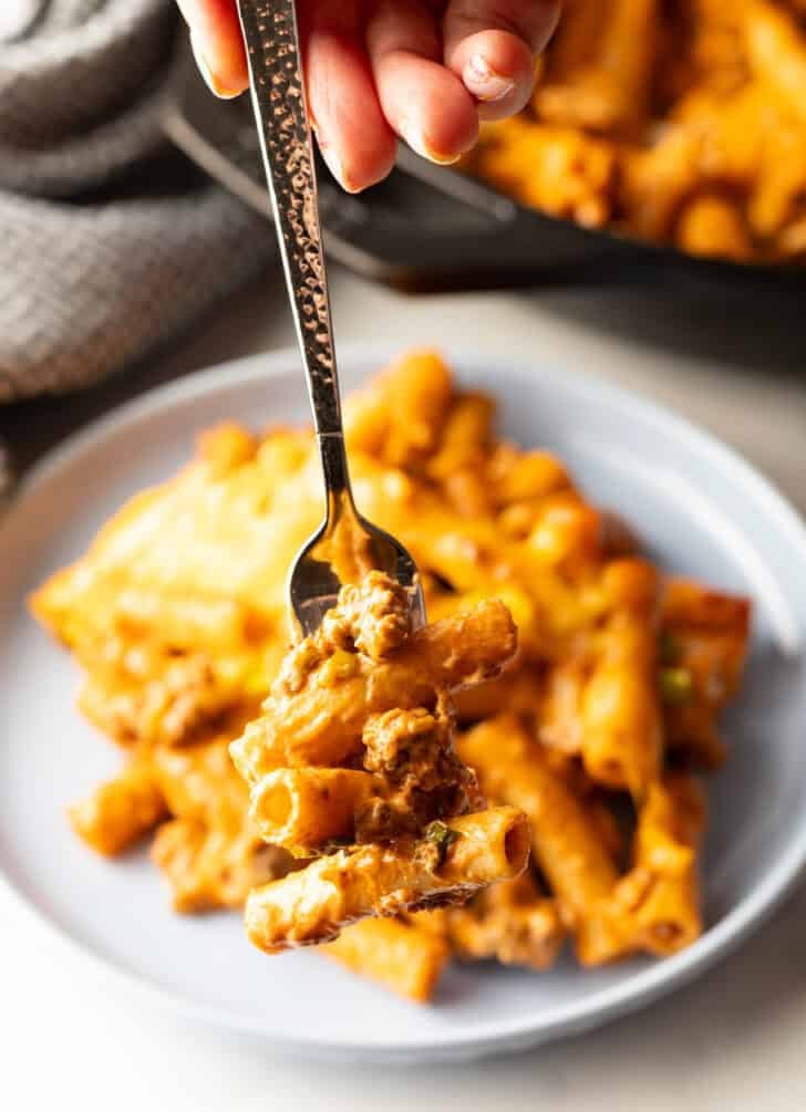 Hand holding a forkful of hamburger casserole to camera.